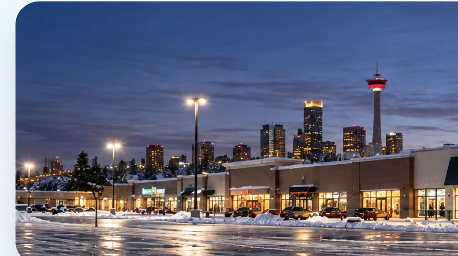 Cleared commercial parking lot in Calgary with the Calgary skyline and Calgary Tower in the background