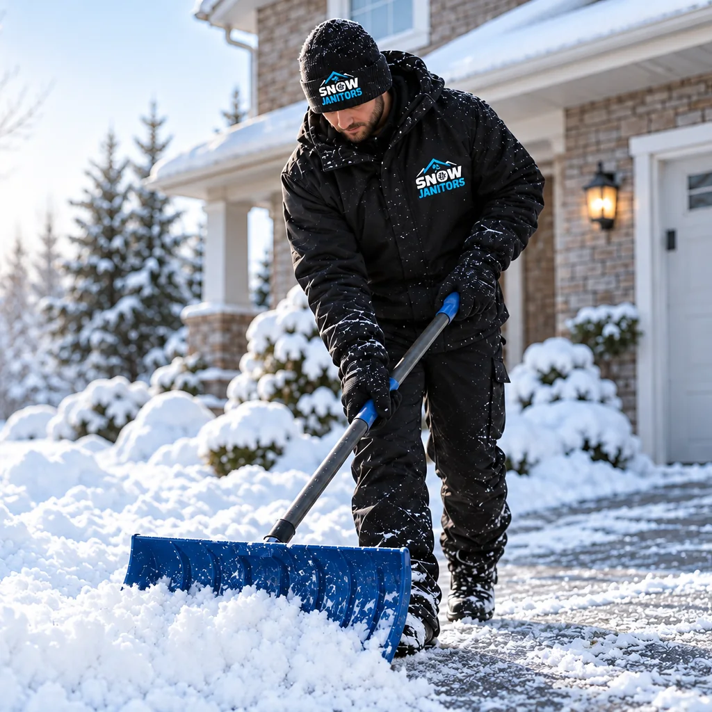 Snow Janitors worker shoveling snow from a residential property